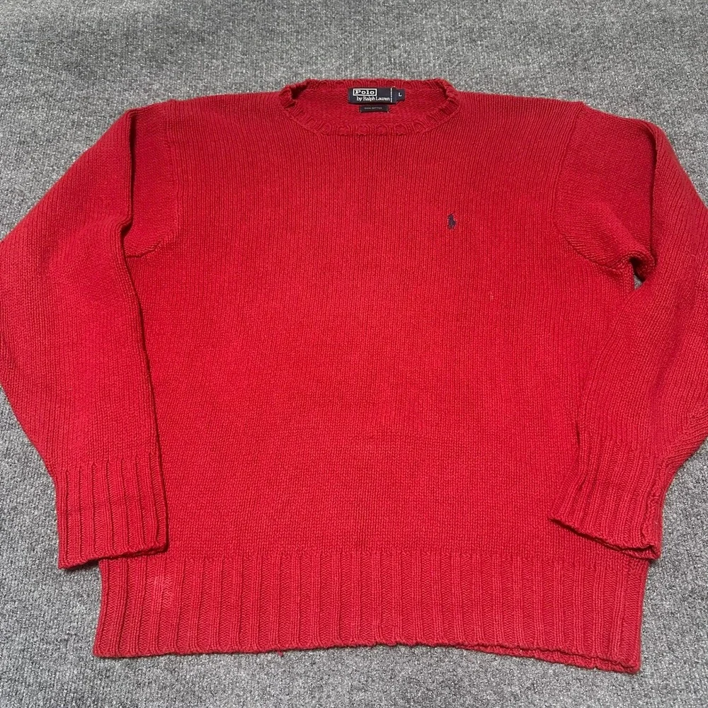 Polo Ralph Lauren Mens Red Cotton Knit Crewneck Sweater Large Pony Logo